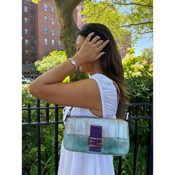 Fendi Vintage Silver Blue Purple Fuchsia Ombré Snakeskin Baguette Shoulder Bag - Picture 2 of 9